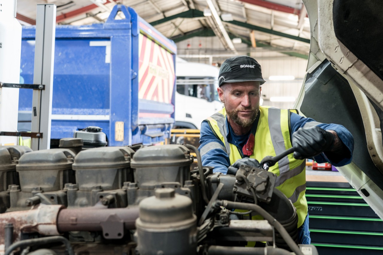 Scania technicians servicing a vehicle